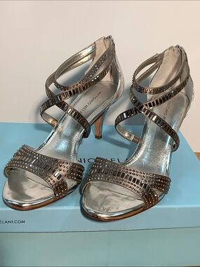ANTONIO MELANI Metallic Silver Strappy Studded Heels